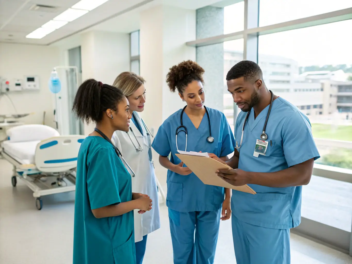 A diverse team of healthcare professionals collaborating in a modern hospital setting, emphasizing the importance of qualified DNAP professionals.